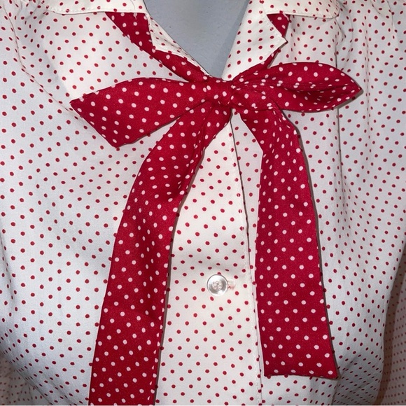 Koret vintage blouse long sleeve button down sash white red polka dot medium - Picture 3 of 9